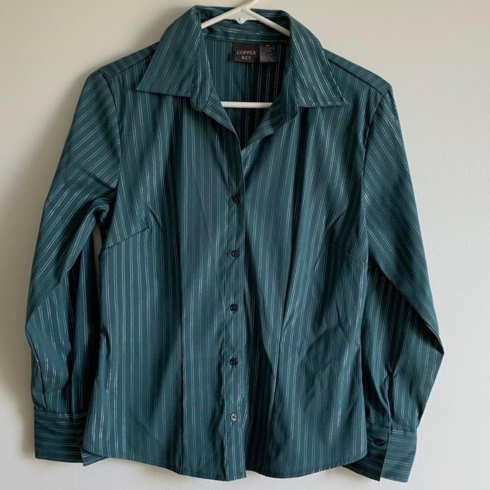 Copper Key button front dress shirt, dark teal & silver